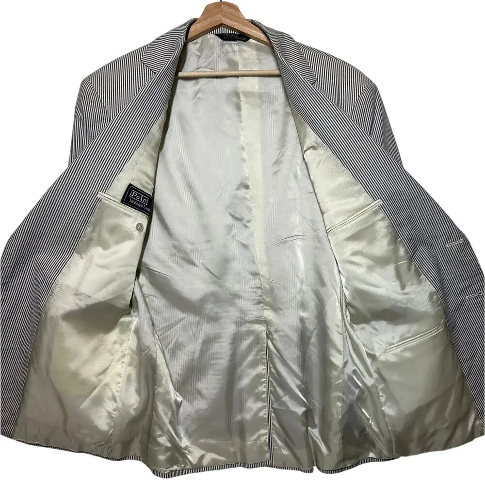 Vintage Polo Ralph Lauren Seersucker Sport Coat Blazer Blue White Stripe 38R USA